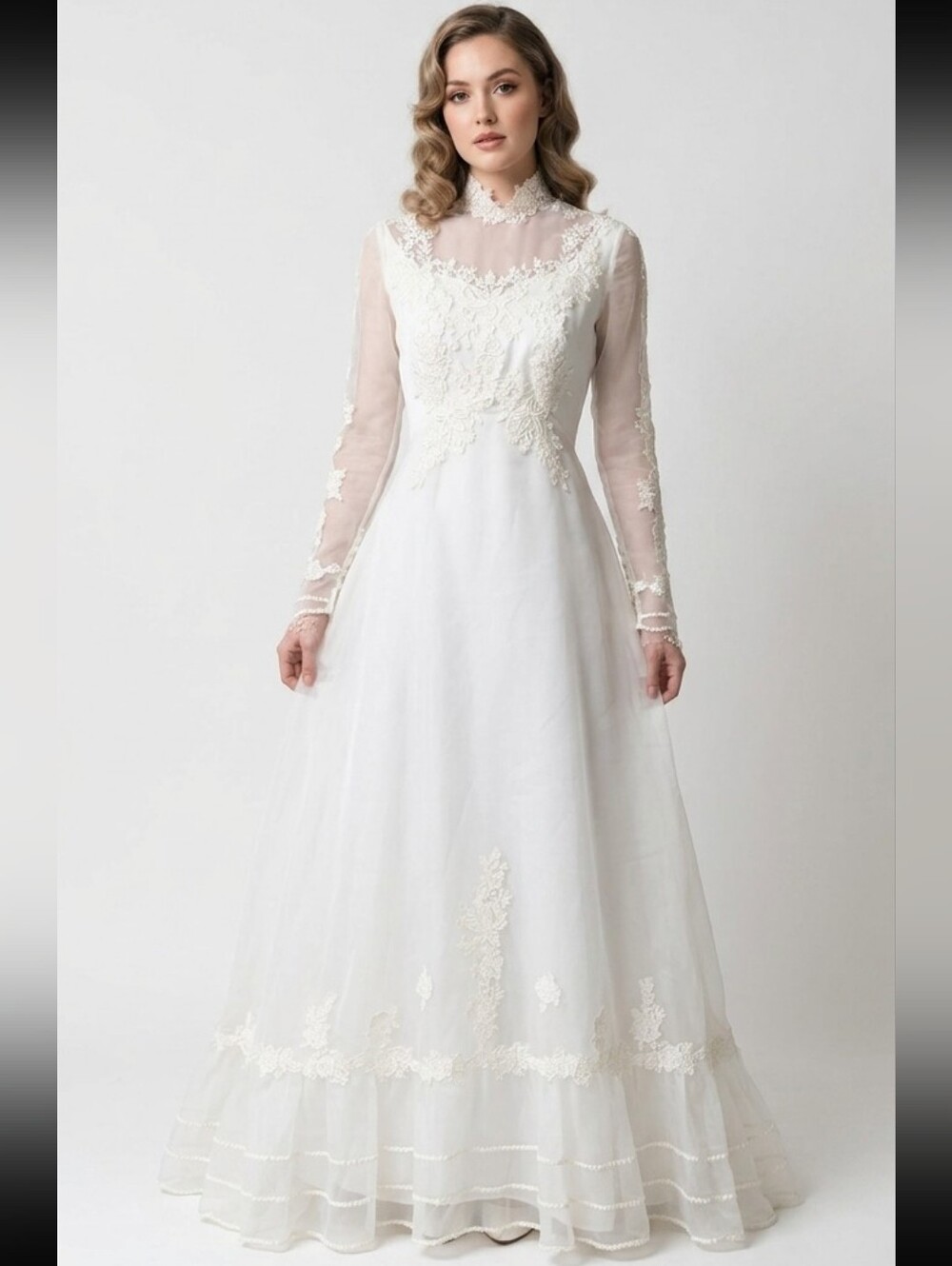 Vtg 70s Bridal Originals White Lace Modest Long-Sleeve A-Line Wedding Dress 8